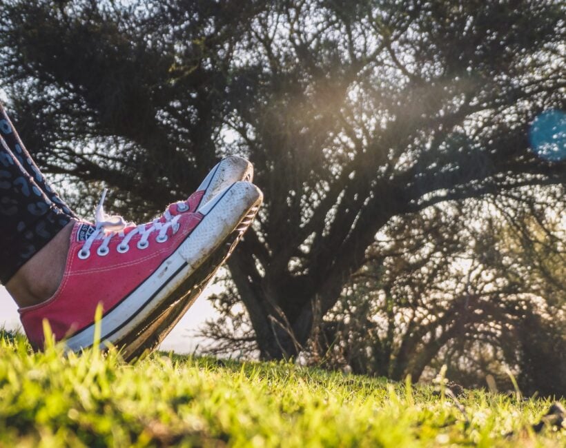 red sneakers in a field