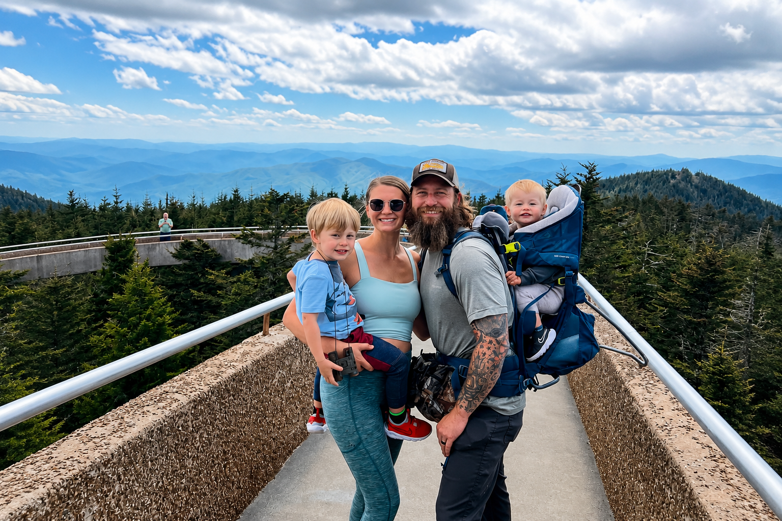 two parents with small children posing on a bridge traveling